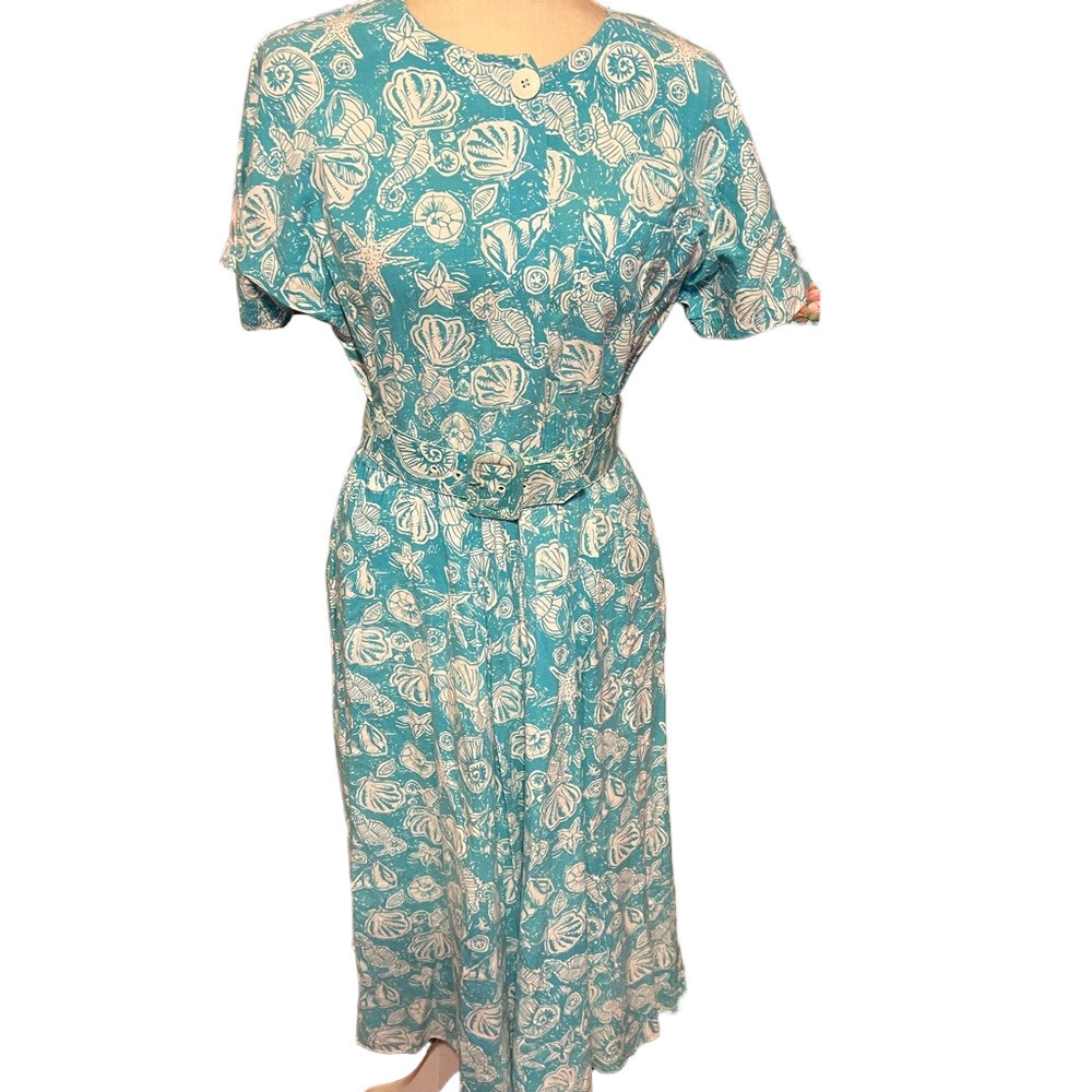 Vintage Carol Anderson 1980 Blue and White Dolman Sleeve Midi Sundress Sea Life